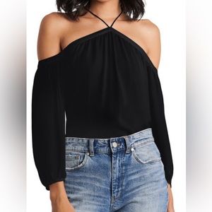 1.State black off the shoulder black chiffon top. Size large. Gently worn